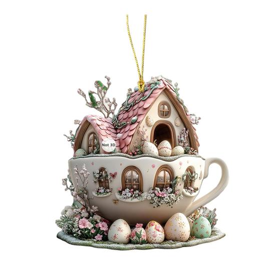 1Pc/5Pcs Easter Coffee Cup House Ornaments Chocolate Mug Bunny House Pendant 2D Acrylic Hot Cocoa Mug Spring Ornament for Holiday Home Decor