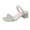 Crystal Pearl Two-Way Chunky Heel Sandals Summer Square Toe Low-Cut Women's Slippers High Heel Sandals