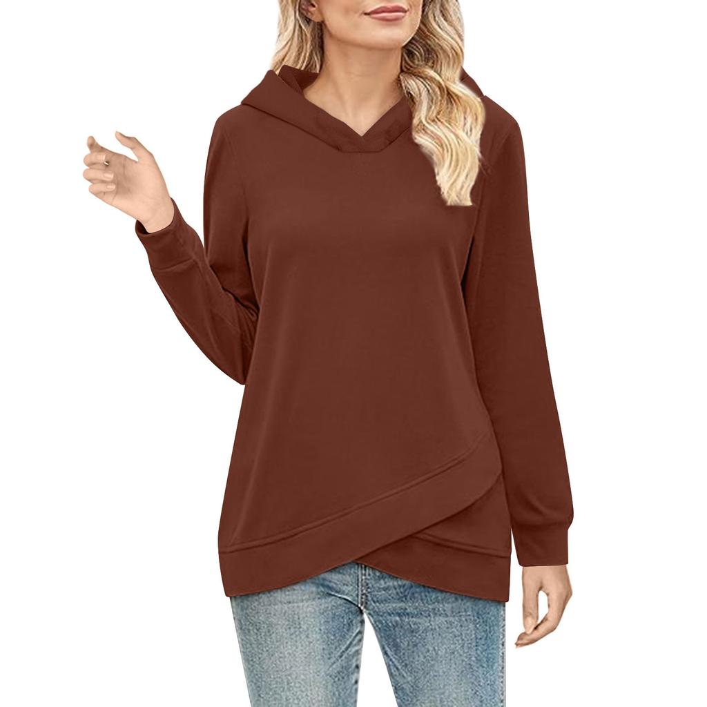 Women's  Fashion Solid Color Hoodie Long Sleeved  Cross Hem Sweatshirt  Top