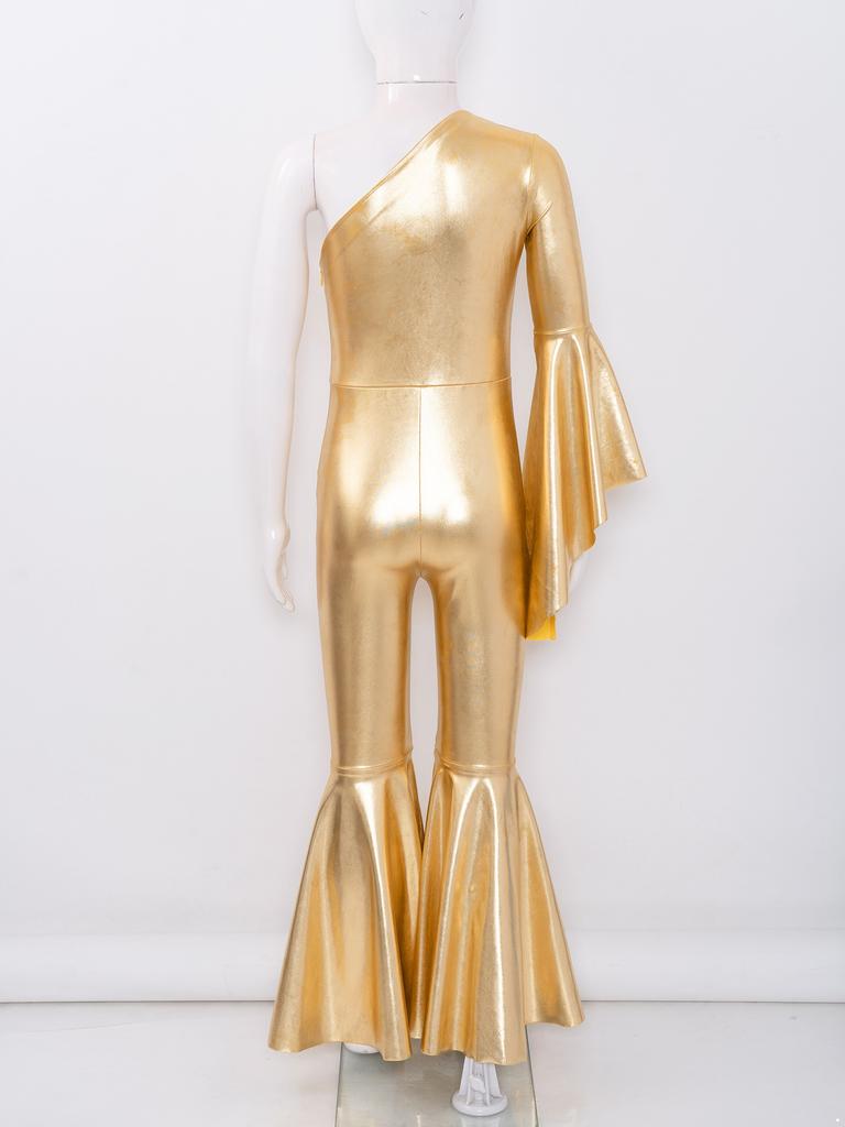 Kids Girls Romper Shiny Metallic One Shoulder Flare Sleeve Bodysuit Dance Jumpsuit Gymnastics Figure Skating Dance Wear