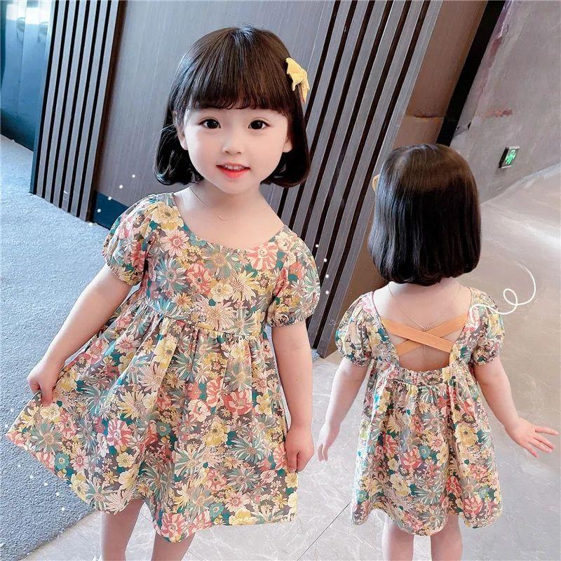 Платье с цветочным принтом для девочек, летнее, тонкое, детское, с открытой спиной и короткими рукавами, платье принцессы