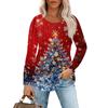 Women's Casual Top Christmas Printed Round Neck Long Sleeved Pleated T-shirt