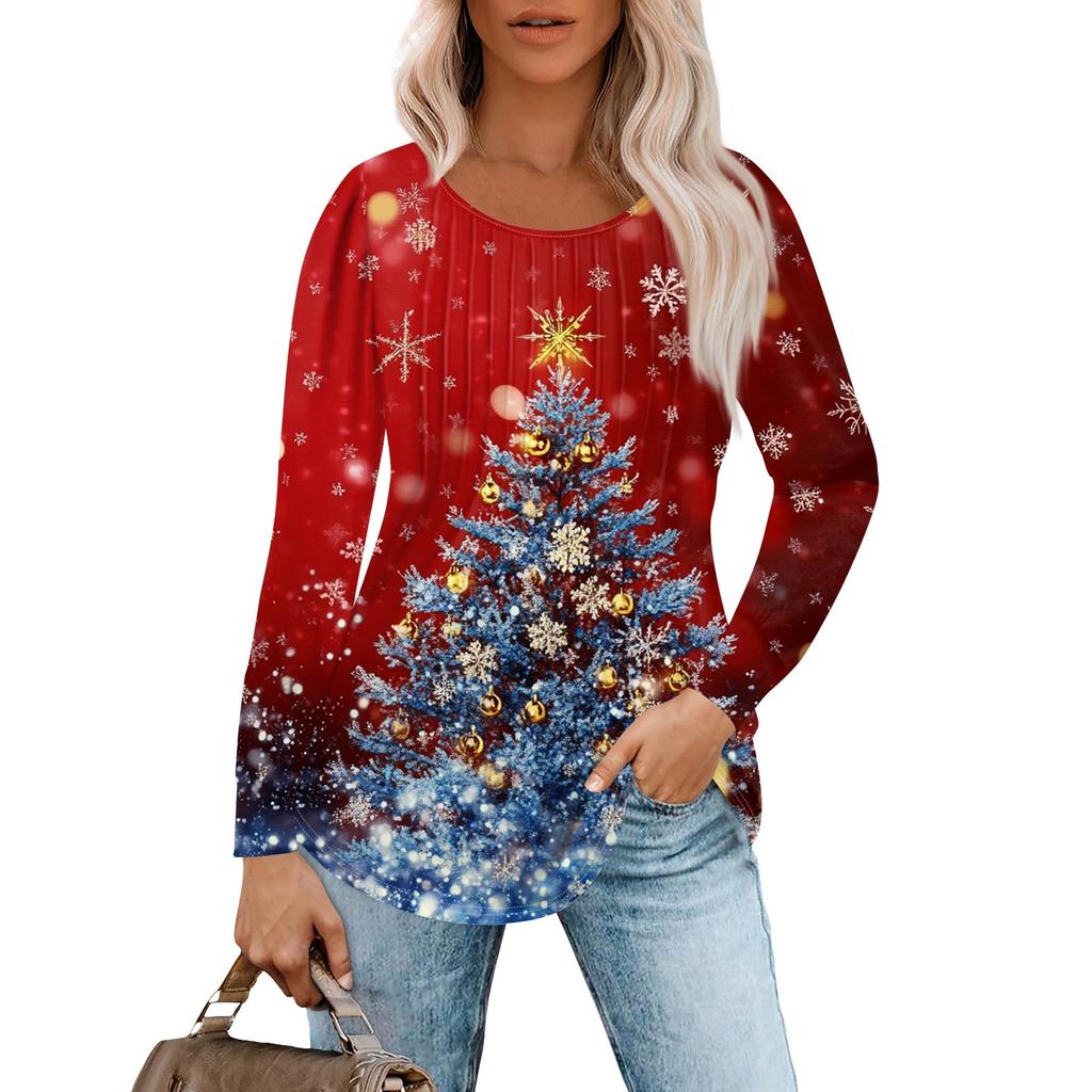 Women's Casual Top Christmas Printed Round Neck Long Sleeved Pleated T-shirt