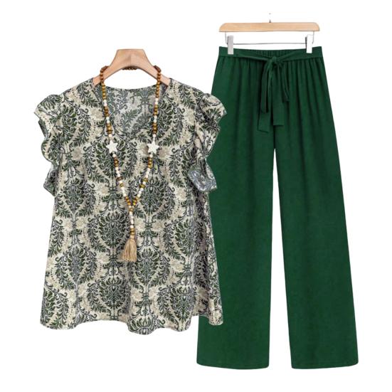 Комплект из 2 предметов: женский топ и брюки, круглый вырез, ретро-принт, короткие рукава, блузка, широкие брюки с эластичной резинкой на талии, повседневный свободный наряд для бабушки