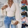 Spring and Autumn New Fashion Waist V-neck Bag Sleeve Solid Color Wrinkled T Women's Long-sleeved Top