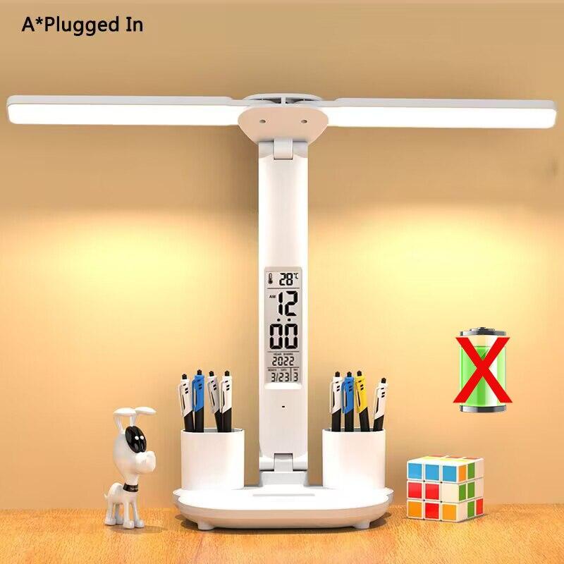 Настольная лампа со светодиодными часами, перезаряжаемая/подключаемая через USB, настольная лампа с регулируемой яркостью, 2 головки, 180, вращающаяся, складная, для защиты глаз, ночник для чтения