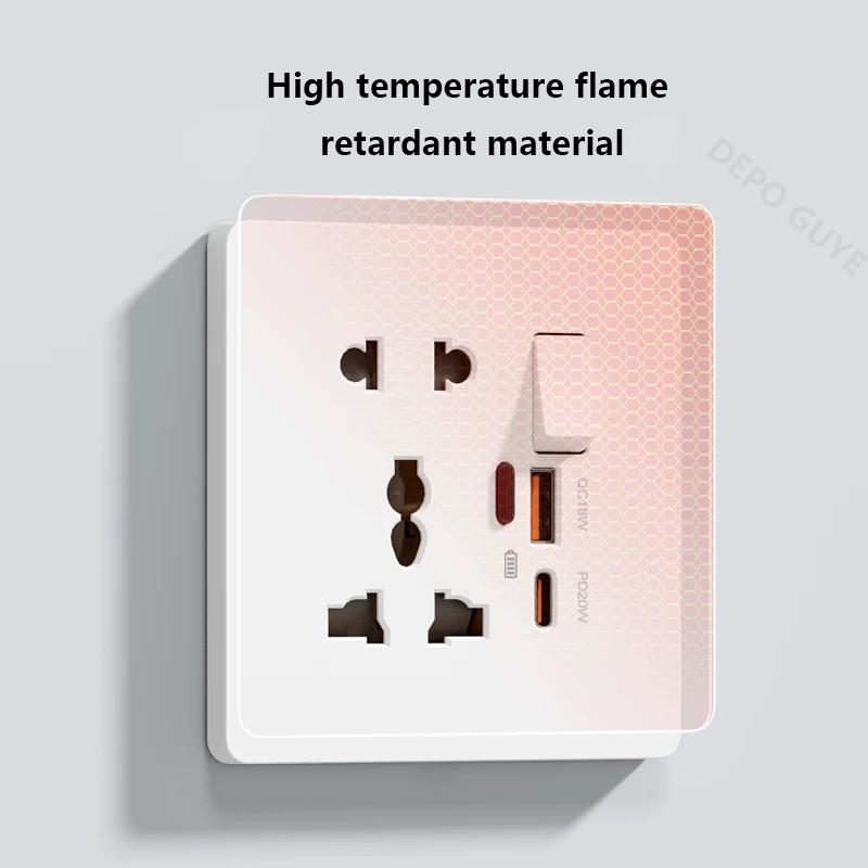Universal 3/5Pin Smart Socket With 20W Fast Charging Type-C Port,UK Plastic Electrical Wall Double USB Power Outlet AC 110V-250V