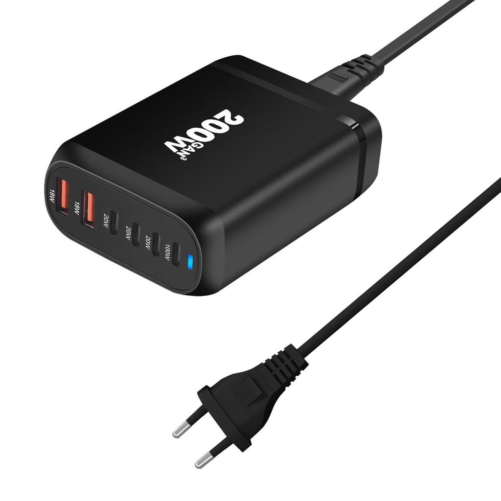 200W GaN Multi-Port PD Fast Charger with 2A4C Ports for Phones & Laptops