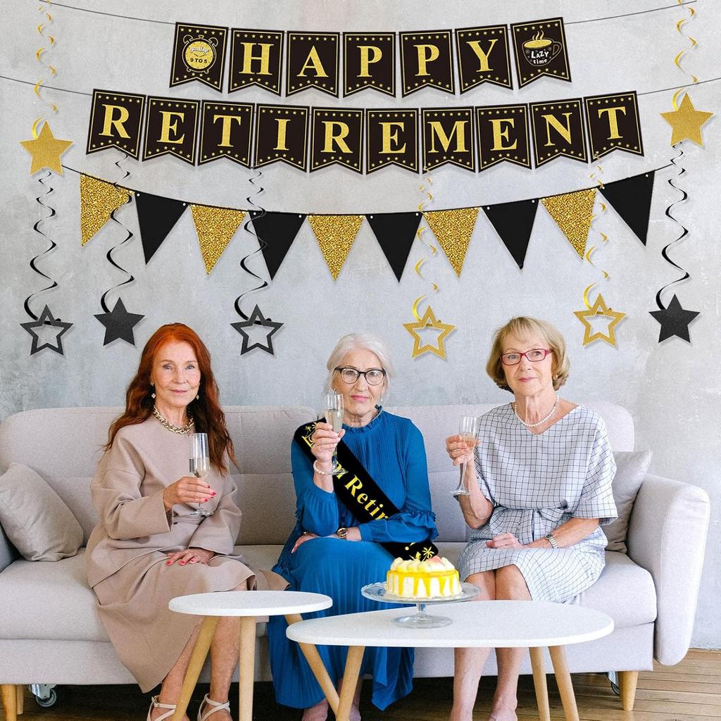Retirement Party Decorations Black and Gold Happy Retirement Banner Gold Glitter Pennant Flag Banner Star Hanging Swirls and Sash Retired Party