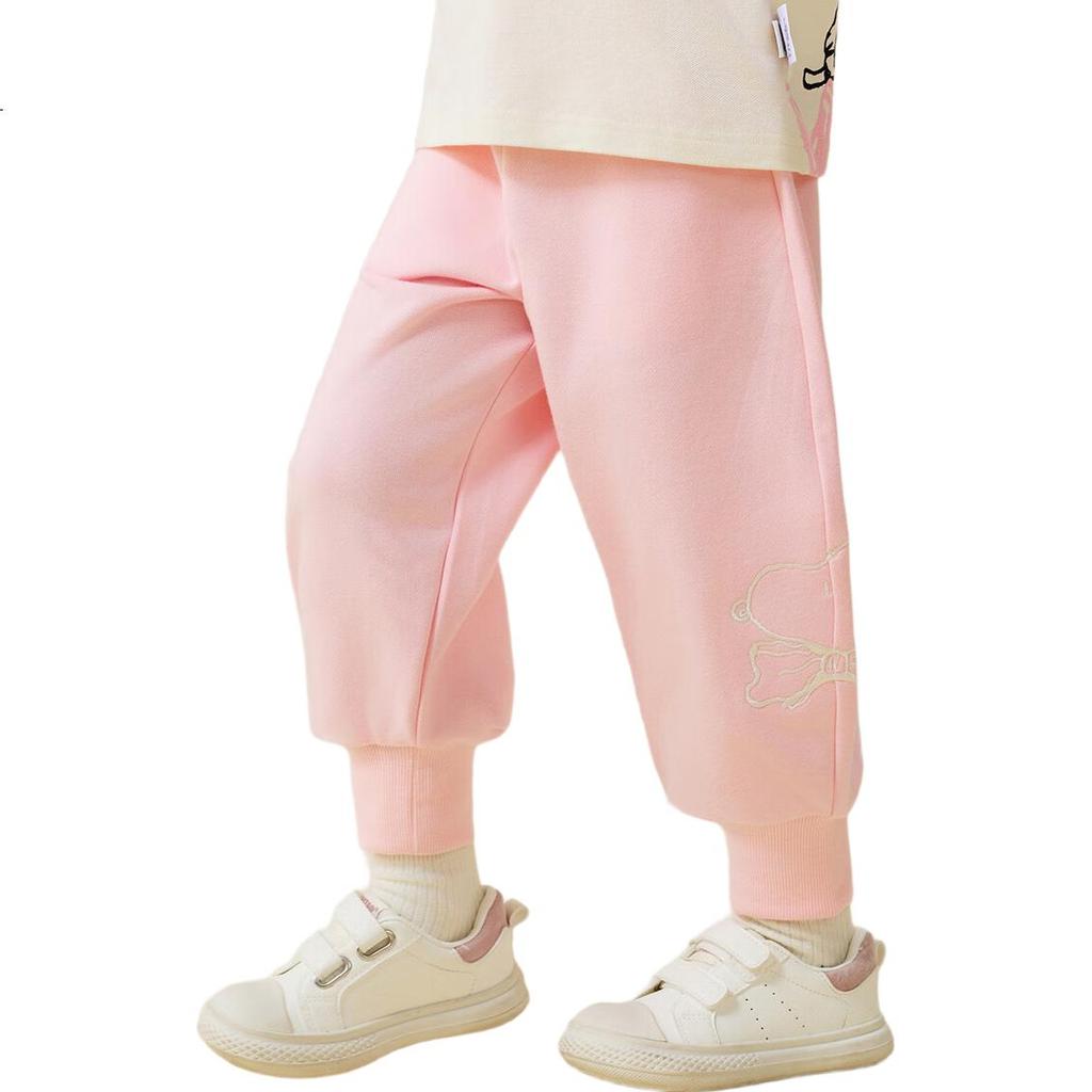 SNOOPY Girls' Sweatpants, Children's Trousers, Baby Loose Casual Pants, Girls' Tapered Leg Long Pants, Embroidered SNOOPY, Light Pink