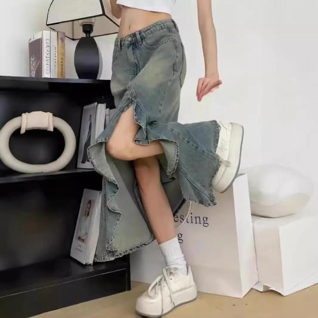 Женская джинсовая юбка-рыбий хвост в стиле ретро с высокой талией — большая, А-силуэт, летняя 