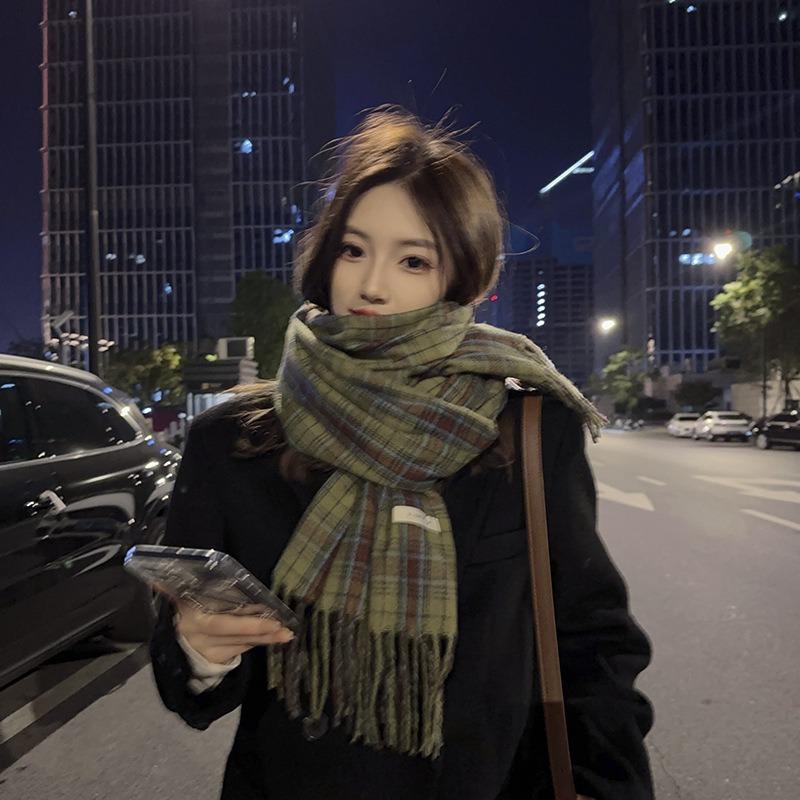 Ретро зеленый клетчатый шарф женский осенне-зимний универсальный личностный продвинутый сенс теплая шаль шарф