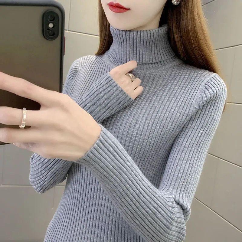 Женский мягкий вязаный свитер с высоким воротником - Облегающий, толстый, зимнее нижнее белье и универсальный верхний топ