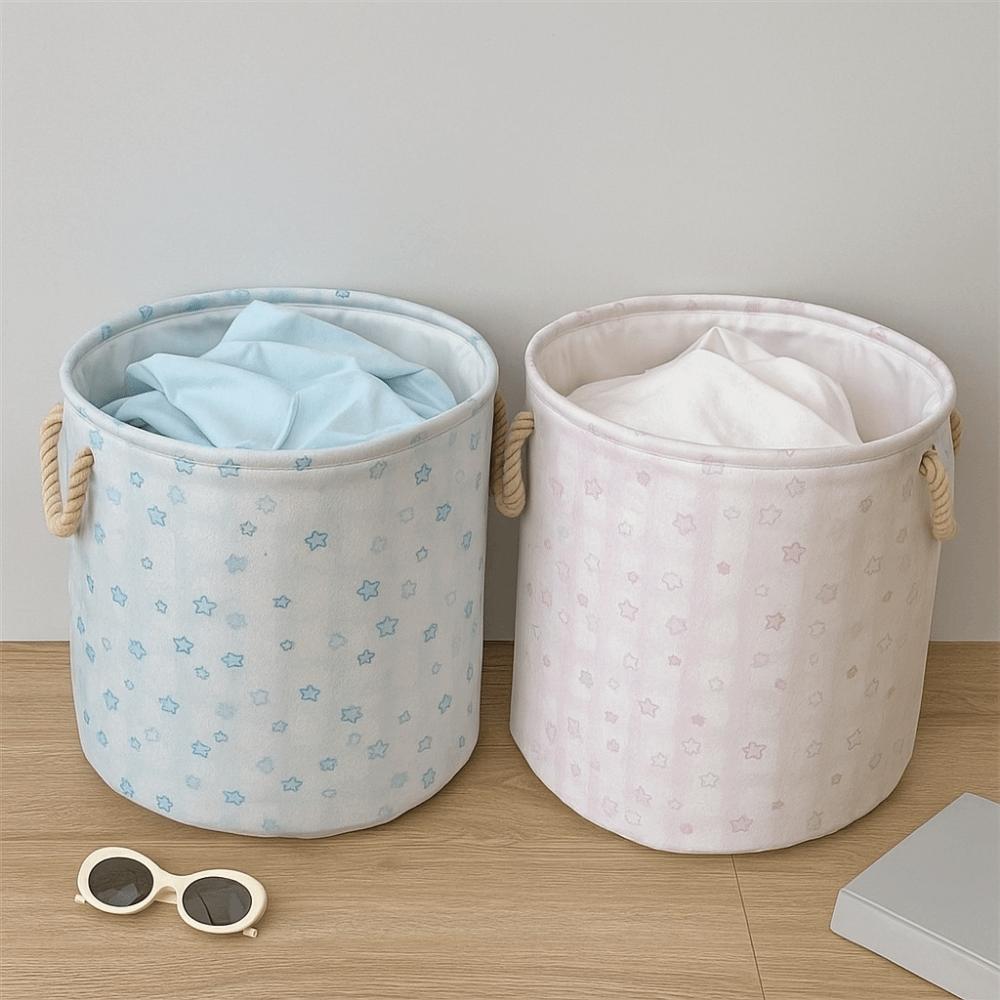 Cotton Linen Dirty Clothes Basket Cute Round Shape Foldable Laundry Basket Large Capacity with Handle Toys Storage Basket