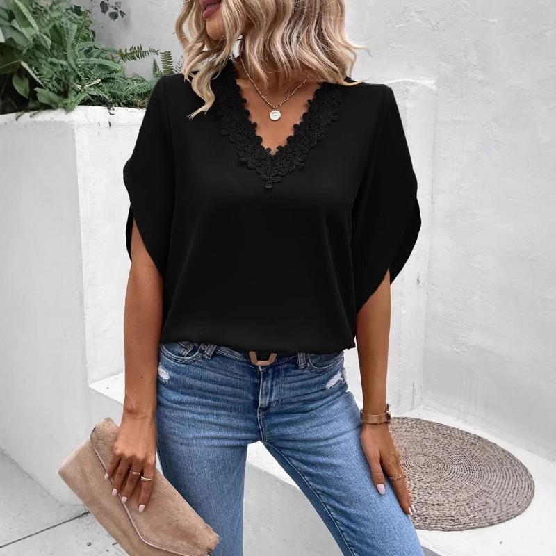 Women S Summer Solid Lace V Neck Flare Sleeve Loose Blouse