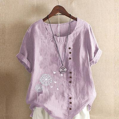 Женская летняя футболка с круглым вырезом и коротким рукавом, повседневная хлопковая льняная рубашка с рисунком, модная свободная блузка с принтом одуванчика, топы больших размеров