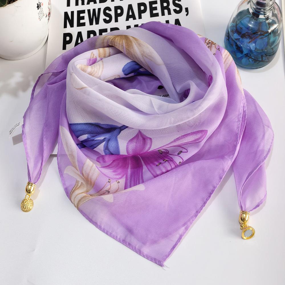 Fashionable Women's Triangular Chiffon Scarf for Neck Protection, Decorative Printed Magnetic Buckle Square Scarf, Versatile Breathable Sunscreen
