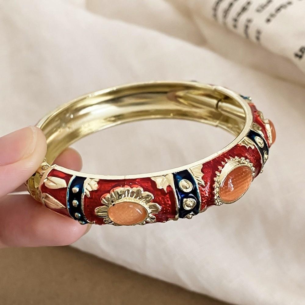 Enamel Floral Vintage Cloisonne Bangle Cat's Eye Stone Women's Hand Bracelet Gifts for Women Girl
