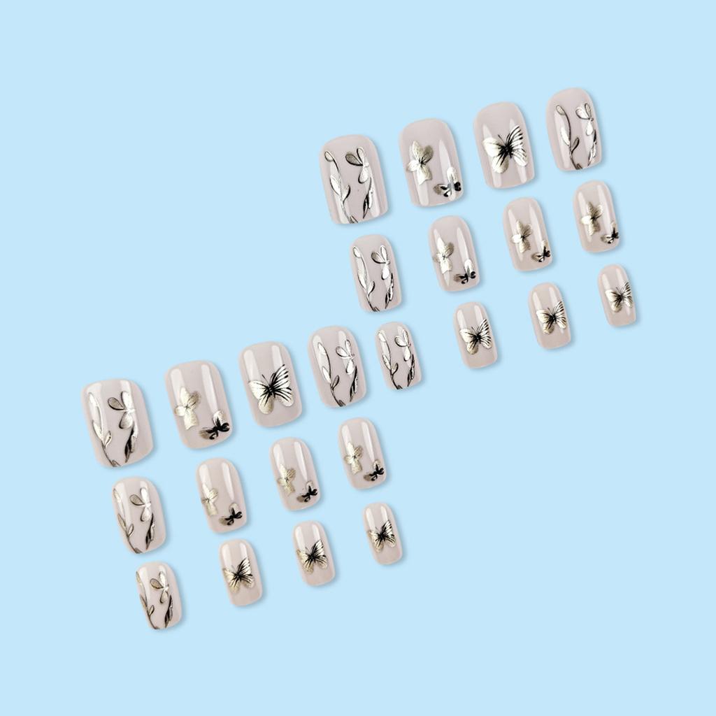 24PCS White Square Fake Nails with Flower Print Resin Material Zero Pressure on Nail Bed for Hot Girl Dress Matching