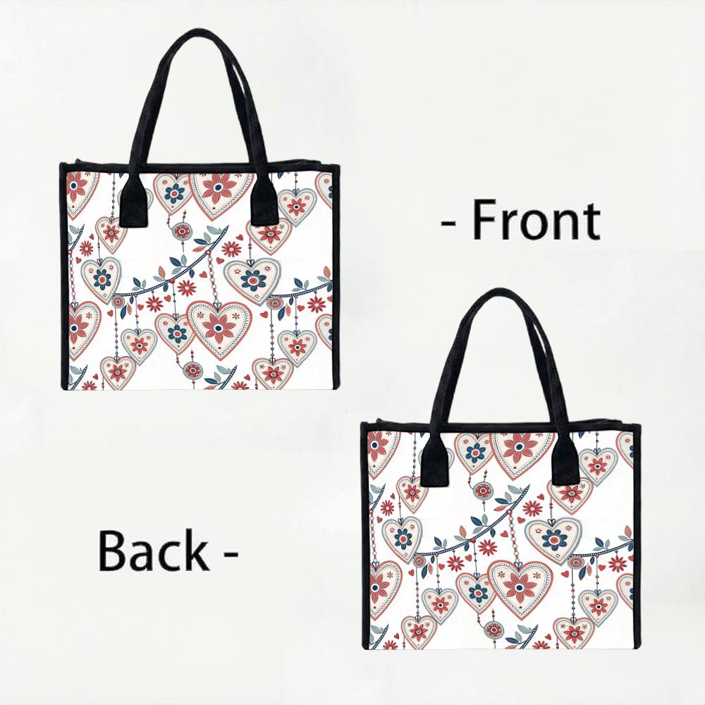 Boho Heart Floral Print Casual Tote Bag for Women Lightweight Shoulder Handbag for Daily Commute Shopping