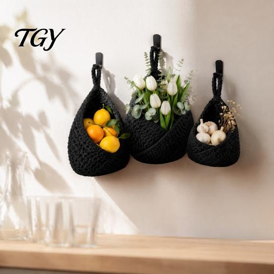 Thickened Cotton Rope Basket 3PCS Hanging Woven Storage Basket, Wall-mounted Organizer Wall Vegetable Pouches, Boho Multi-functional Bag for
