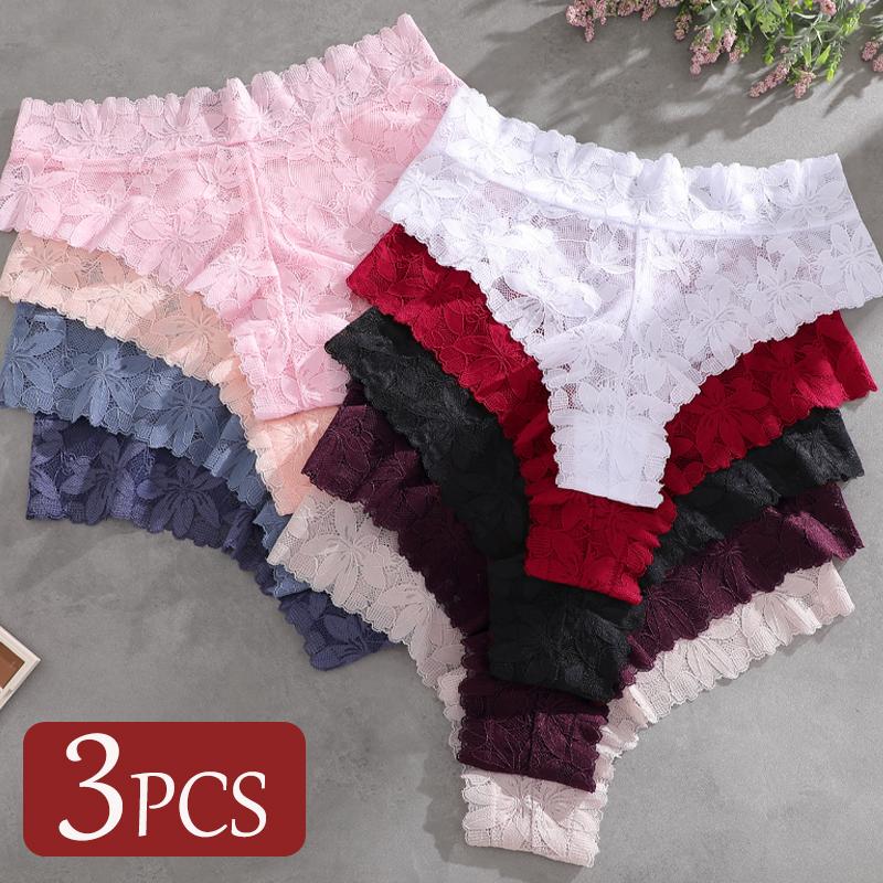 3 шт./комплект Женские трусики с высокой талией Женские сексуальные кружевные прозрачные стринги Дышащие однотонные мягкие трусики