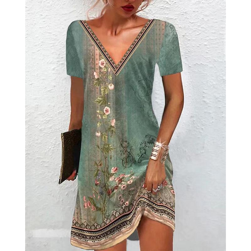 Summer V Neck Floral Printed Dress for Women Vintage Casual Loose Fit Short Sleeve Comfortable Elegant Beach Dress S-5XL