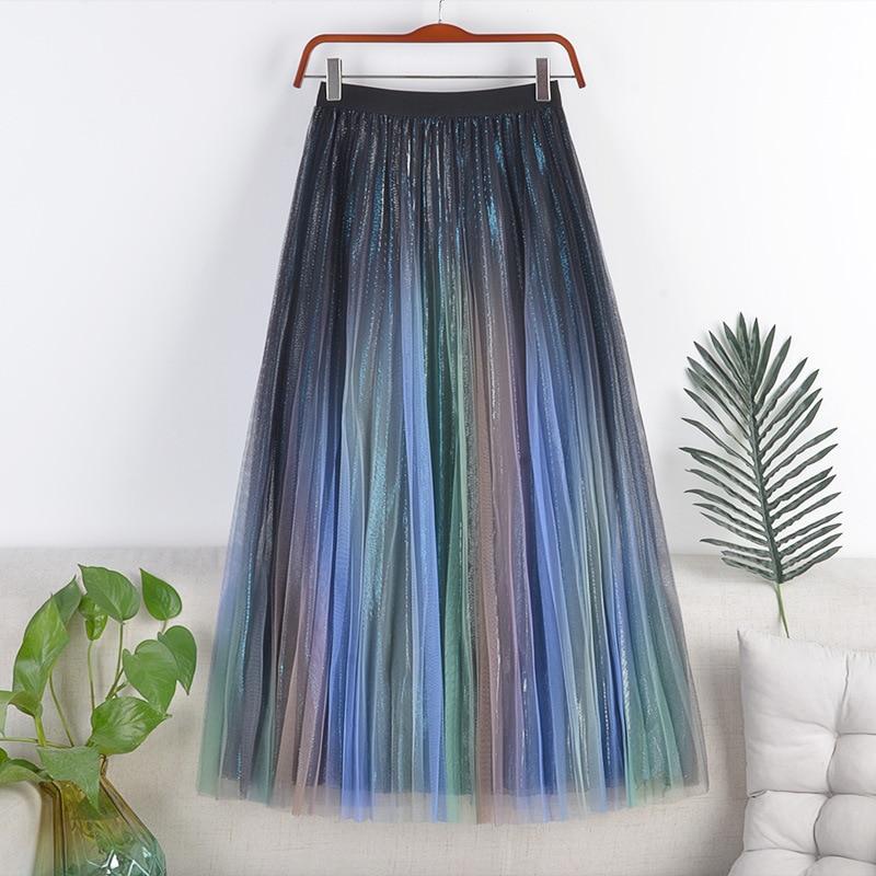 Qooth Женская тюлевая юбка трапециевидной формы с радужным градиентом, элегантная юбка трапециевидной формы из блестящей сетки с высокой талией на весну и лето QT2128