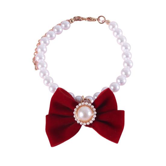Princess Style Cat Necklace Faux Pearls Velvet Bowknot Decor Adjustable Design Pet Kitten Collar Pet Accessory