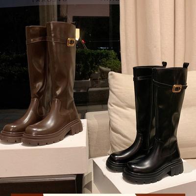 Ботильоны на толстом каблуке 25 Осенне-зимние ботинки Застежки Толстая подошва Круглый носок До колена Мягкая кожа Плоская подошва Сигаретные ботинки Мартин Женские