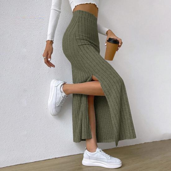 Women Maxi Ribbed Skirt Igh Waist Stretchy Rib Knit Split Slit Hem Midi Pencil Skirt Long Skirt Streetwear