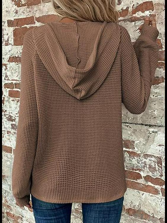 Женская толстовка с капюшоном из вафельной ткани с V-образным вырезом и пуговицами на завязках, с длинным рукавом