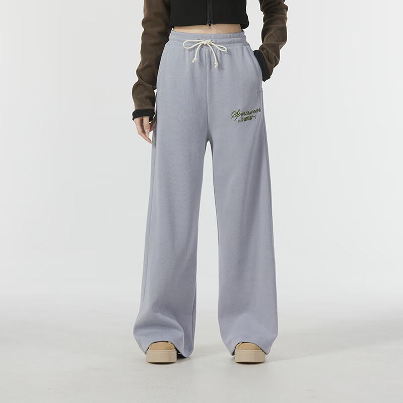 Puma Свободные широкие брюки с вышивкой букв для бега, тренировок, фитнеса, трикотажные женские брюки, серые 626045-63