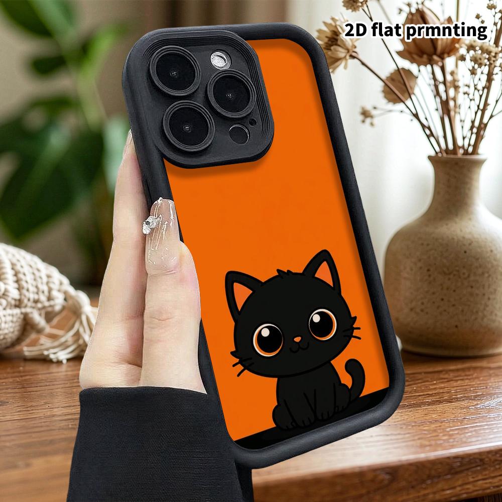 Phone Case: 2D flat design suitable for iPhone 18 17 16 15 14 13 Pro stepped protective case, little black cat, Christmas and Halloween gift