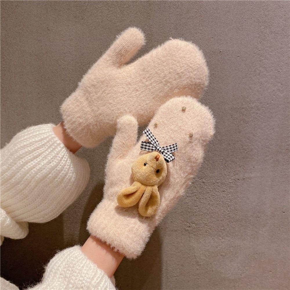 Утолщенные плюшевые перчатки с бантом, варежки с полными пальцами, милые перчатки, креативные студенческие вязаные перчатки, женские