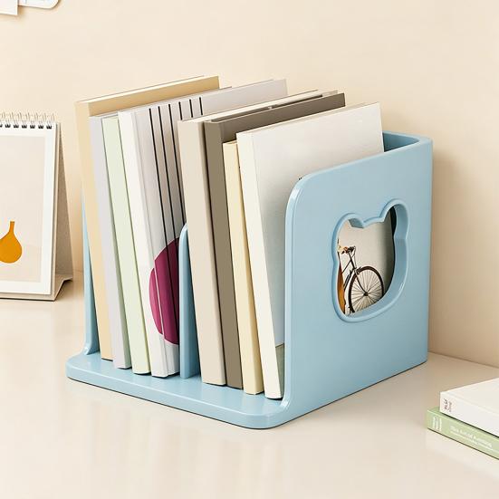 Cute Bookends Organizer for Desk Pastel Kids Book Holder Shelf with Multi-Compartment, Anti-Tip Base & Open Design, Study Decor for Textbooks Notebook