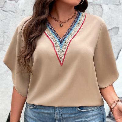 Блузка оверсайз, повседневная свободная рубашка, лето 2023, кружевные топы с v-образным вырезом, однотонные топы с короткими рукавами, одежда 4XL, Blusas 28627