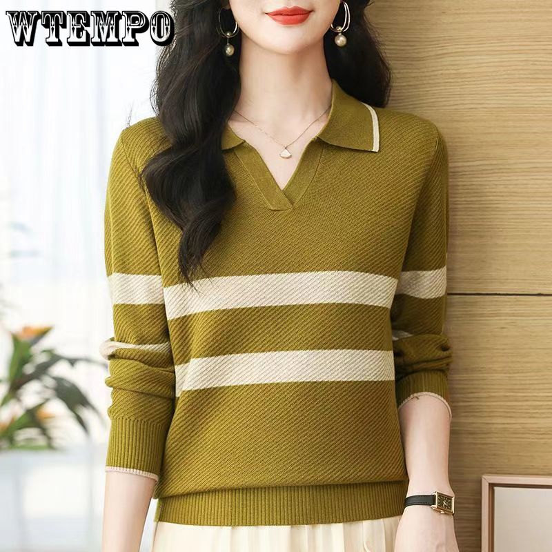 Женский трикотажный свитер с лацканами, свободный свитер с воротником-поло, трикотажный свитер с длинными рукавами