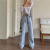 Korean Retro Slim Fit Waist Light Blue Jeans Women's Tie High Waist Loose Casual Wide-leg Denim Trousers Women