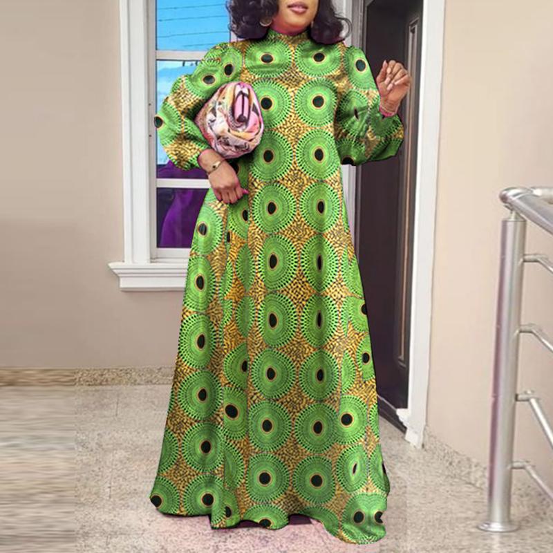 Женское повседневное свободное платье больших размеров с воротником-стойкой и длинными рукавами с принтом