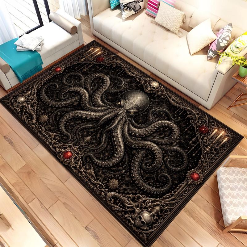 Red Black Vintage Octopus Skull Border graphics Rug,Study Room,Sofa Living Room,Villa Lounge Rug,Entry Door Mat,Non Slip Rug