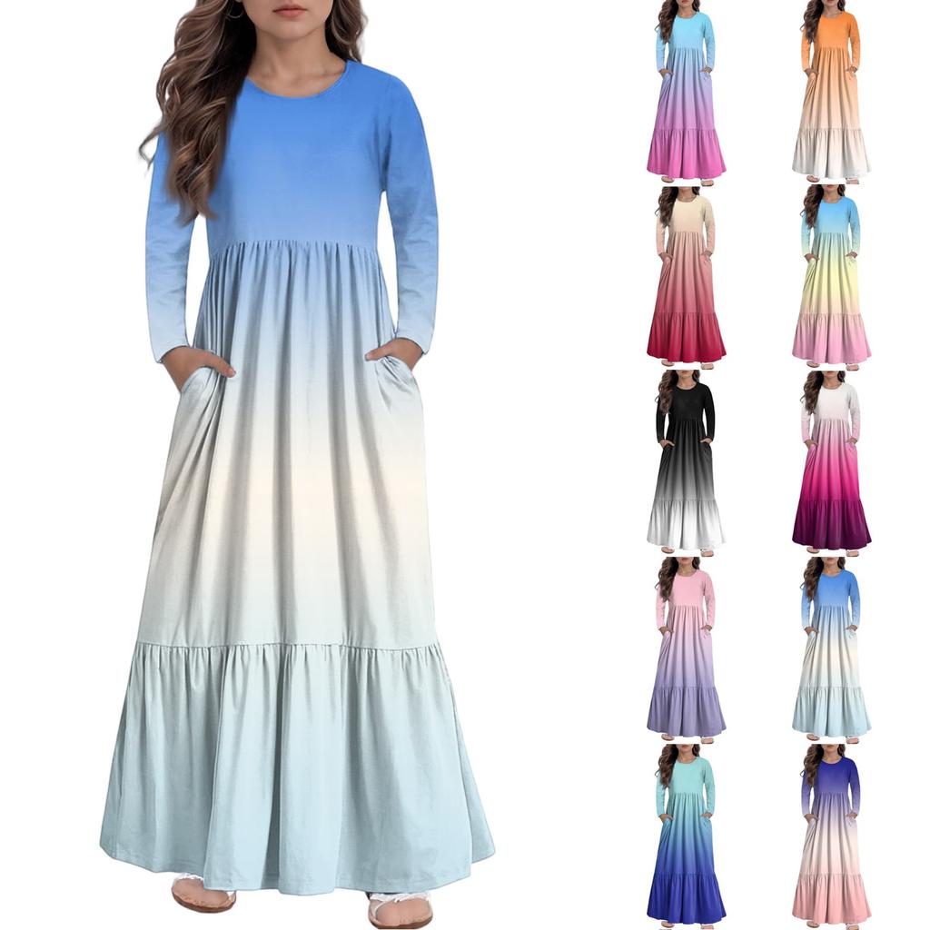 Girls' Maxi Dress Casual Holiday Dresses - Long Sleeve Dress With Pockets For 4-14Y