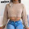 Женский модный повседневный осенне-зимний свободный полосатый укороченный свитер с длинным рукавом и высоким воротом