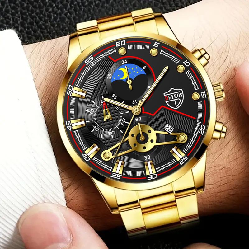 Модные мужские часы-календарь, мужские часы с ремешком из нержавеющей стали, деловые кварцевые наручные часы, браслет, ожерелье, набор