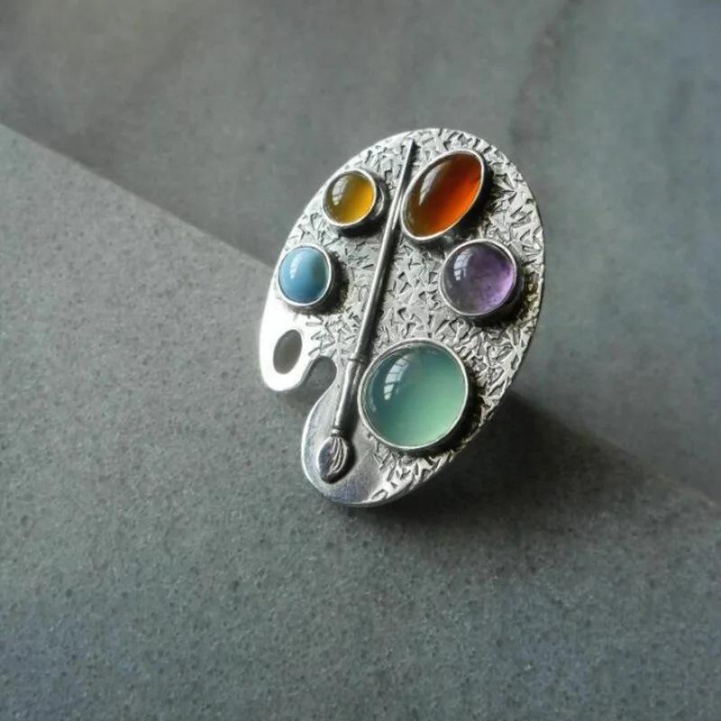 Multicolor Oval Palette Index Finger Ring with Diamond Bohemian Style Ring Retro Open Adjustable Ring