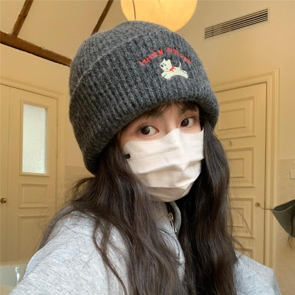 Cute Puppy Embroidery Winter Knitted Hat Thicken Winter Warm Beanie Cap Windproof Soft Crochet Bonnet Hat