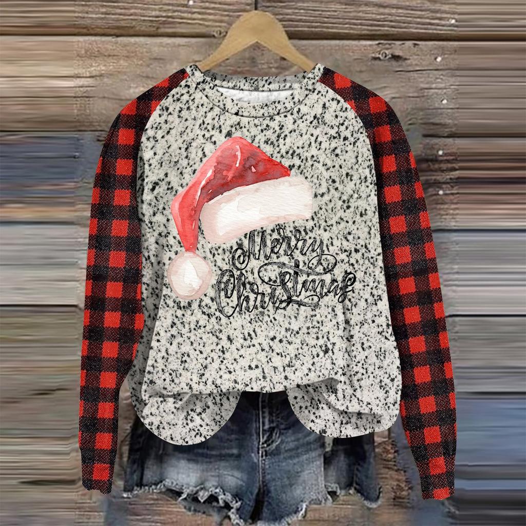 Women's Fashion Round Neck Pullover Plunging Sleeve Tee Christmas Printed Top