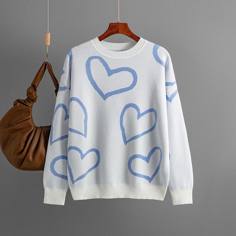 Autumn Winter Round Collar Love Bump Color Sweater Loose Knitted Pullover