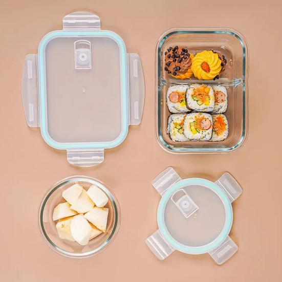 Стеклянный ланч-бокс Bento Box Разделенные контейнеры для приготовления пищи с крышками Штабелируемые многоразовые контейнеры для хранения продуктов