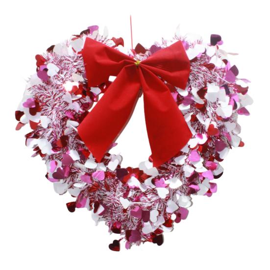 Tinsel Heart Shaped Wreath with Bow for Front Door Valentine's Day Red Pink Heart Wreath